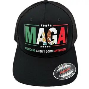MAGA Mexico Hat with Graphic Design and "MEXICANS AREN'T GOING ANYWHERE" Text, Black Color, Flex Fit one size Adjustable Snapback Trucker Cap