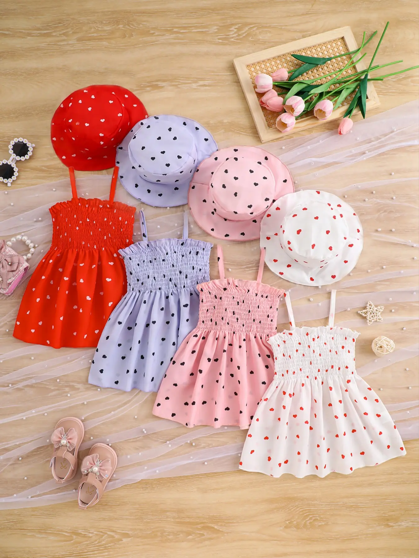 8-Piece Baby Girl Casual Heart Print Dress Set for Summer, Soft Comfortable Woven Fabric, Perfect for Holidays, Birthdays and Outdoor Picnics