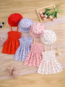 8-Piece Baby Girl Casual Heart Print Dress Set, Toddler Outfit Summer Dresses, Soft Comfortable Woven Fabric, Perfect for Holidays Birthdays Outdoor Picnics