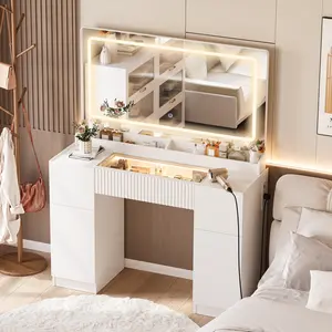 44" Makeup Vanity with Mirror and Lights, Glass Top with RGB Lighting Vanity Desk with Fluted Storage Drawer, Cabinet,3 LED Lights Modes, Power Outlet for Bedroom