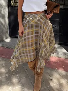 Womens Plaid Asymmetrical Midi Skirt High Waist Flowing Handkerchief Hem Soft Lightweight Fabric Vintage Chic Street Style Streetwear Casual Spring Autumn Outfit Y2K Retro Elegant Slim Fit Daily Wear Fashion Skirt Womenswear Aesthetics Flowy Casual Skirt
