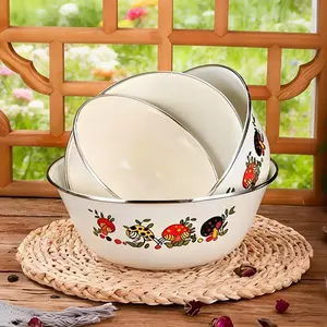 Set of 3 Durable Enamel Bowls with Vintage Floral Design, Dinnerware, Perfect for Preserving Fruits Vegetables Salads, Dishwasher Safe Reusable