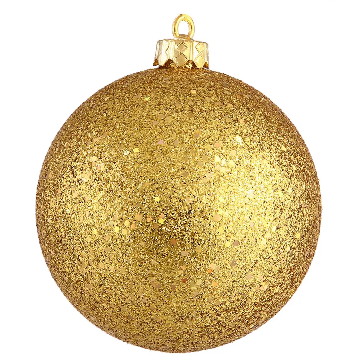 212 MAIN Hanging Christmas Ornaments - 4-Piece Boxed Set, 6 in. Round Plastic Antique Gold Sequin Balls, Lightweight Hanging Decoration for Holiday Decorating with Drilled Hole