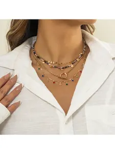 European and American Jewelry Retro Colorful Rhinestone Fringe Versatile Necklace Layered Small Crystal Bead Sequin Necklace