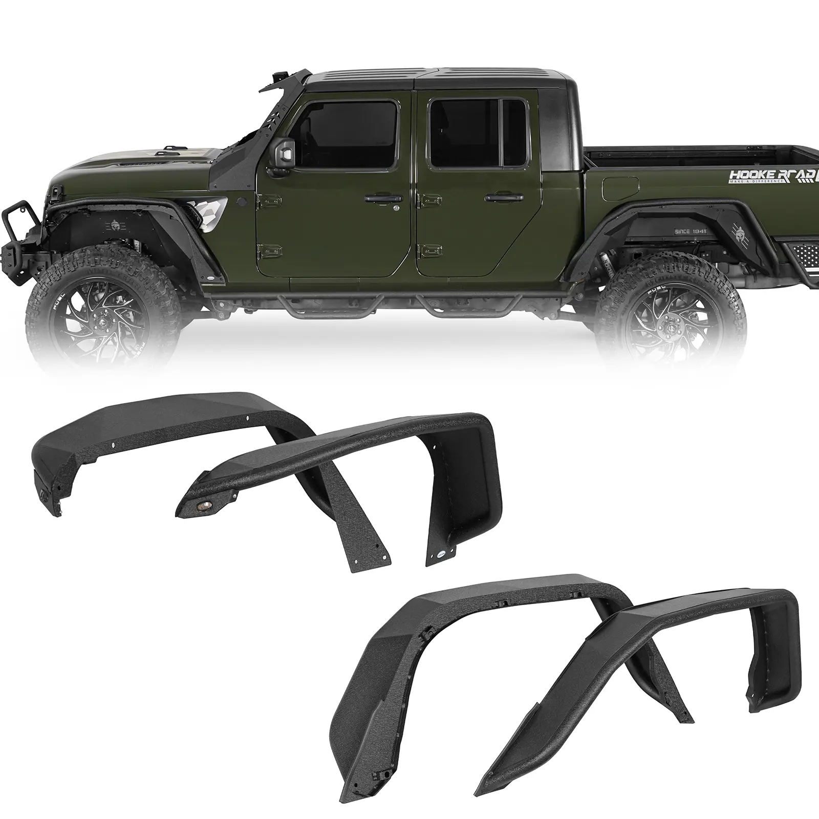 Hooke Road Powder Coated Steel Tube Flux Fender Flares - 4 Pcs, About 75 lbs, Bolt-On, Assembly Required, for 2020-2026 Jeep Gladiator JT, Off-Roading, Amber Turn Signals, Increases Tire Clearance, Tire Protection, Aggressive Design, Trail Mud Defense