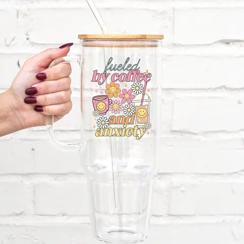 Coffee & Anxiety 40oz Glass Tumbler with Handle, Bamboo Lid & Straw