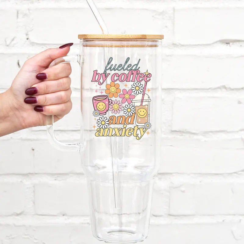 Coffee & Anxiety 40oz Glass Tumbler with Handle, Bamboo Lid & Straw