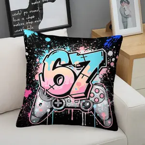 Game Console 67 Graffiti Design Single-Sided Printed Pillow, 1 Piece Includes Pillow Core, Seasonal Decorative Item, Suitable For Teenagers And Adults, Sofa, Bed, Living Room, Dormitory Scene