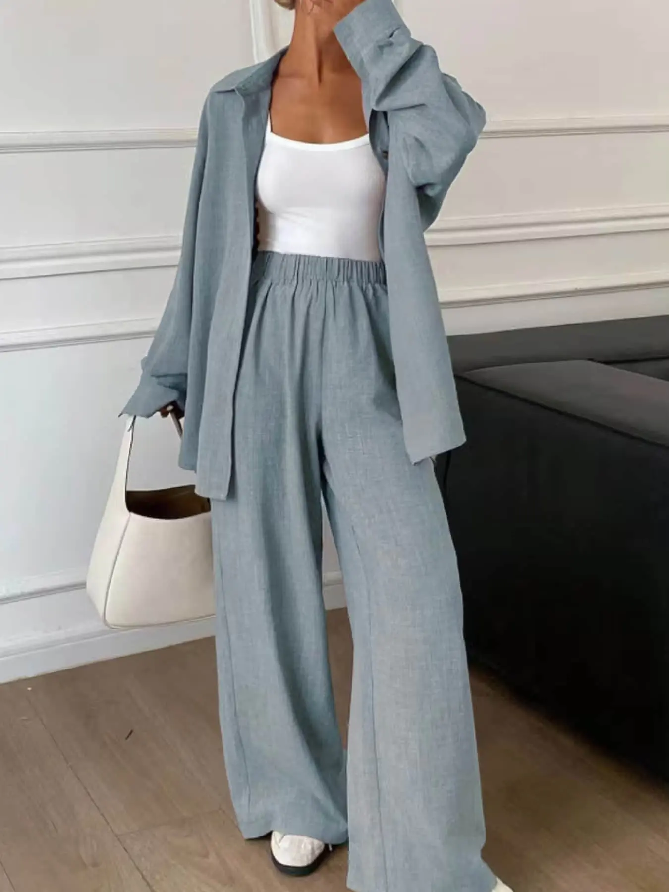 Two piece set of women's Casual, Oversize, Fit, Basic, plain textured long sleeved shirt+high waist wide leg Baggy pants set, Womenswear, suitable for all seasons, short trips, exploring stores, shopping, daily home, workplace, commuting