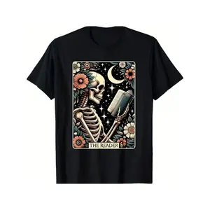 Graphic vintage tee [Fast Arrival] The Reader Tarot Card Skeleton Reading Book Bookworm Bookish T-Shirt for Men Women, Christmas Halloween Thanksgiving day Gift