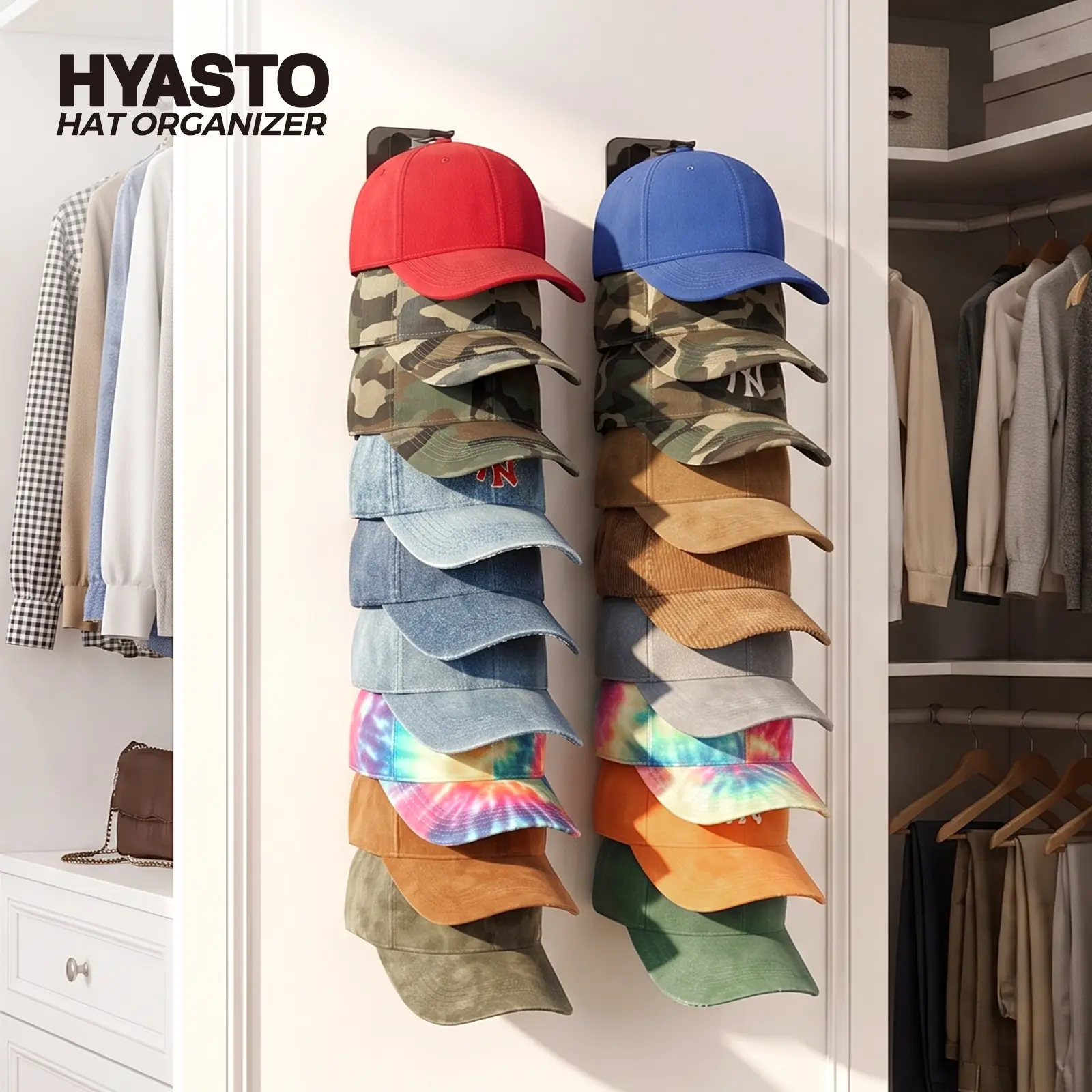Hyasto Hat Organizer for Wall 2 Pack Hat rack with Strong Adhesive and Screws Cap Holder for Closet,door,or wall storage - adjustable clips hold 36 caps securely, adhesive or screw mount, Black, space-saving design Sport& outdoor cap
