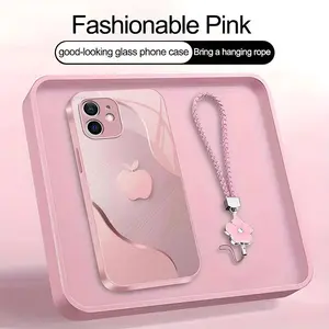 Luxury Faux Brushed Metal Texture Phone Case with Flower Lanyard | Glossy Glass Feel 2D Printed Cover | for [iPhone 12 Mini] 952