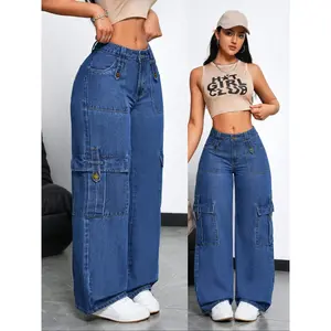 Women’s Stretchable Multi-Pocket Jeans, Fitted Straight-Leg Denim Jeans, Casual Street Style, All Seasons, Elegant Design