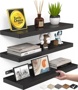 Floating Wall Shelves Set of 3 – 15.7in Wall Mounted Wood Shelves for Bathroom, Bedroom, Living Room & Kitchen, 22lbs Heavy Duty Storage Shelf for Books, Decor & Organization, Black Hanging Shelves for Home Decor