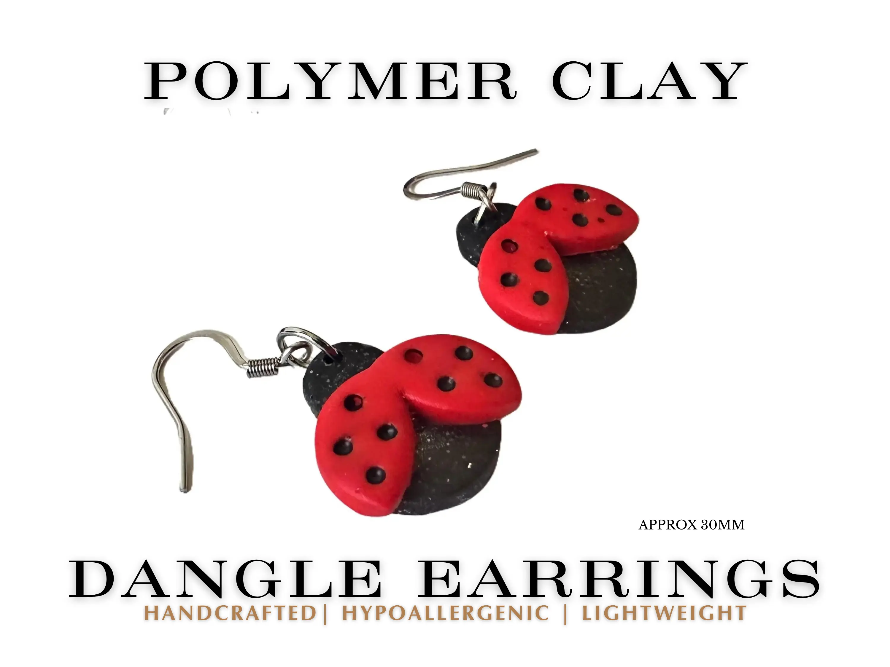 Enchanted Ladybug Dangles Handmade Polymer Clay Earrings Boho Style Hypoallergenic Stainless Steel Hooks Chic Gorgeous Jewelry