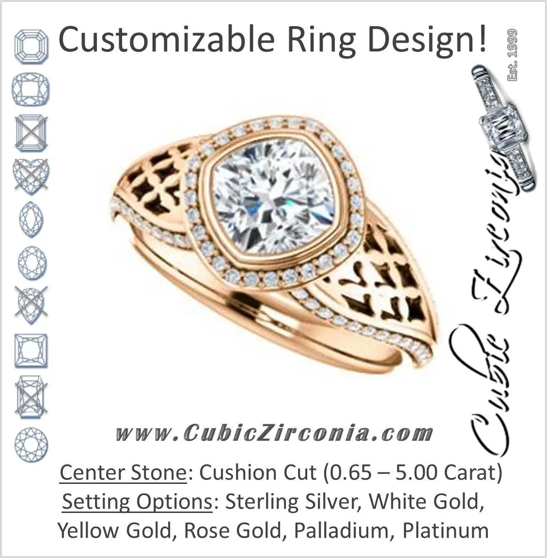 Cubic Zirconia Engagement Ring- The Timothea (Customizable Cathedral-Halo Cushion Cut Design with Three-sided Wide Pavé Artisan Band)