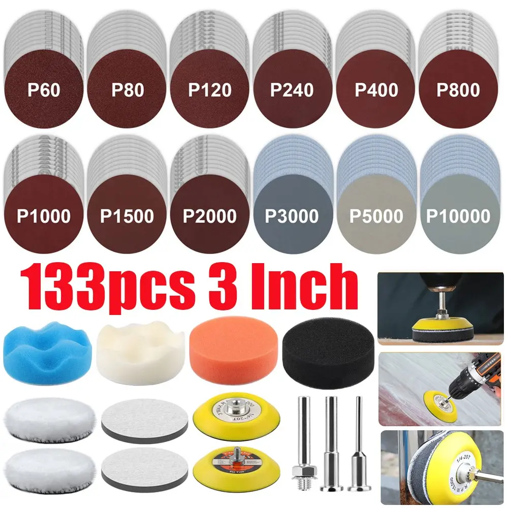 SJAPCK 133pcs 3 Inch Sanding Disc Kit, 60-10000 Grit Wet Dry Hook & Loop Sandpaper Pads