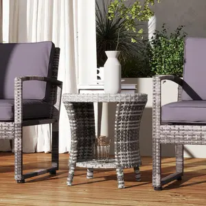 18" Wicker Outdoor Coffee Table PE Rattan Patio Side Table with 2-Tier Storage Composite Wood Top Mixed Gray Hourglass Design Solid Build Non-Slip Foot Pads