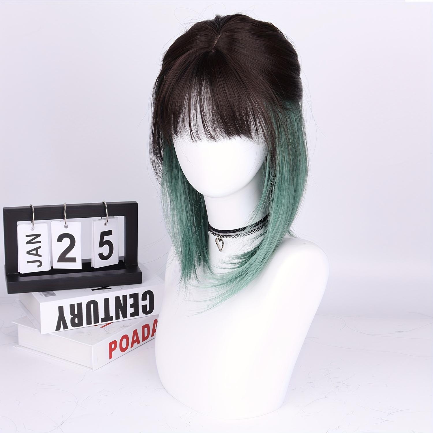 Dark Black Green Mixed 16-Inch Short Bob Straight Wig with Bangs, High-Density Synthetic Hair, Rose Net Cap for Halloween, Christmas, Cosplay & Parties