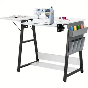 Folding Multipurpose Sewing Table, Hobby and Sewing Machine Table with Adjustable Shelf and Side Pocket- Can Also Be Used as Computer Desk, White