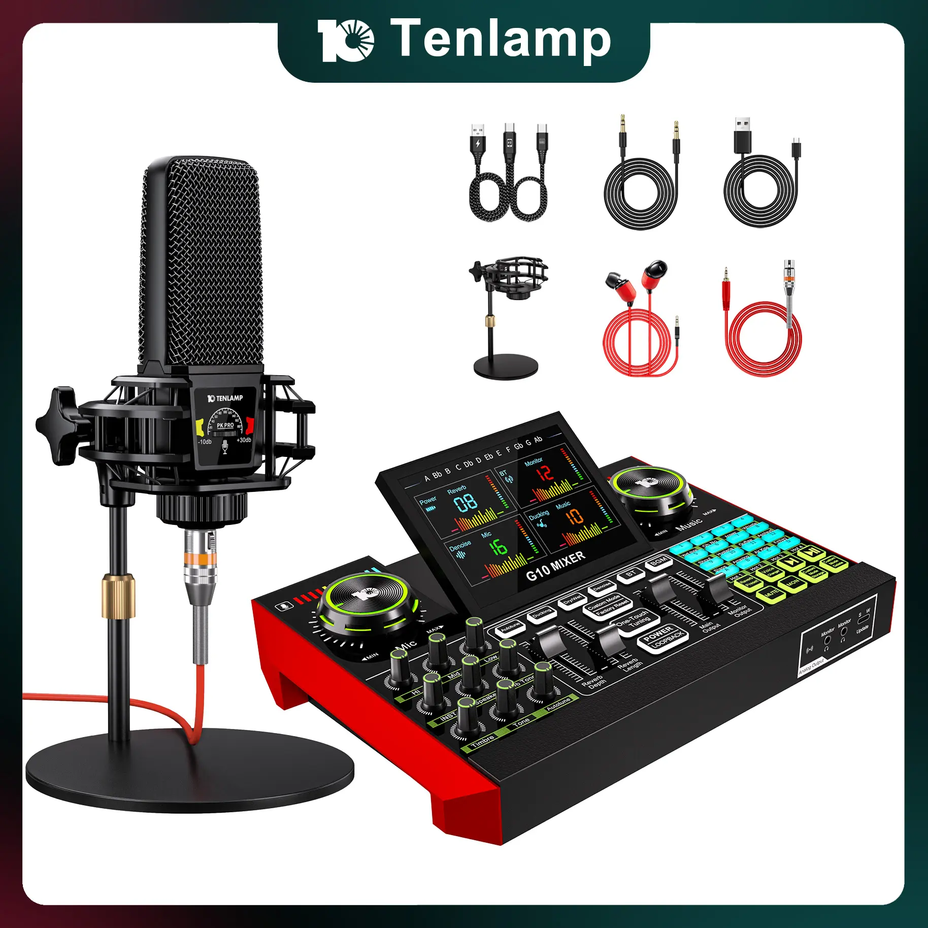 Tenlamp G10-PK Pro (Cantilever) Live Broadcast Sound Card Kit | Upgraded Microphone & Professional Chip for Gaming, Singing, DJ & Streaming | Plug & Play, Enhanced Sound Quality Audio Interface