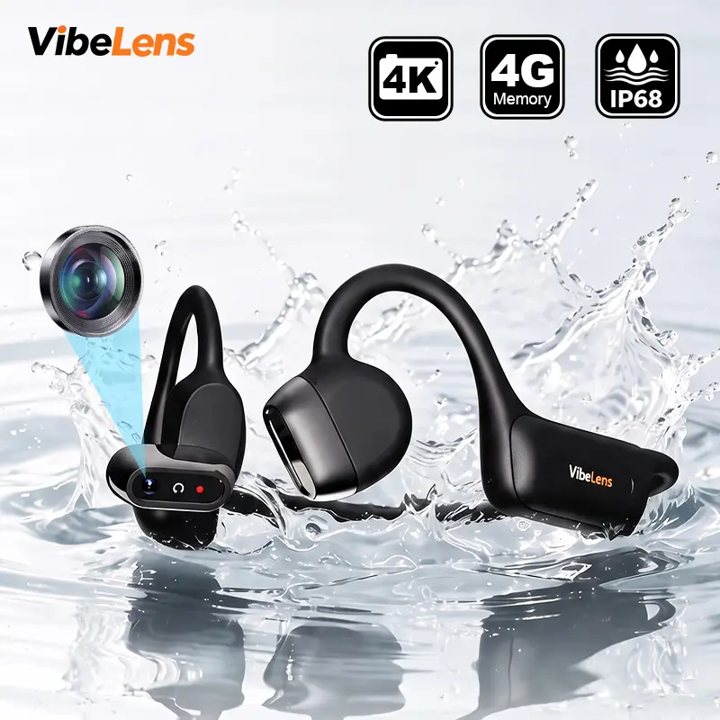 VibeLens Smart Bone Conduction Headphones with 4K POV Camera, Hands-Free POV Video Recording, 6-Axis Image Stabilization, Open-Ear Bluetooth Sports Headset with AI Voice Assistant, Offline Music Playback, IP68 Waterproof for Swimming, Cycling and Travel