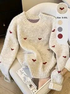 Women's Casual Round Neck Knit Sweater, Heart Pattern Long Sleeve Pullover, Loose Fit Fall Winter Chic Fashion Top, Daily Wear Knitwear, Knitting