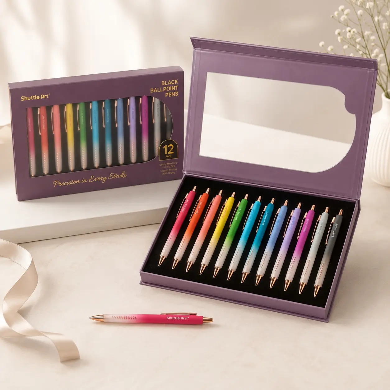 Shuttle Art Fancy Pens Gift Set, 12 Pack Colored Retractable Black Ink Ballpoint Pens, Cute Pens 1.0mm Medium Point Waterproof Elegant Gift Set for Writing Journaling Note Taking School Office Home