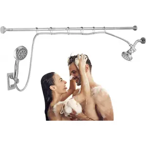 Double Shower Head for Couple, High Pressure Dual Showerhead, Adjustable Height Shower Rod, 5-Setting Handheld Shower Head, 5-Setting Handheld Shower Head combo  , Chrome