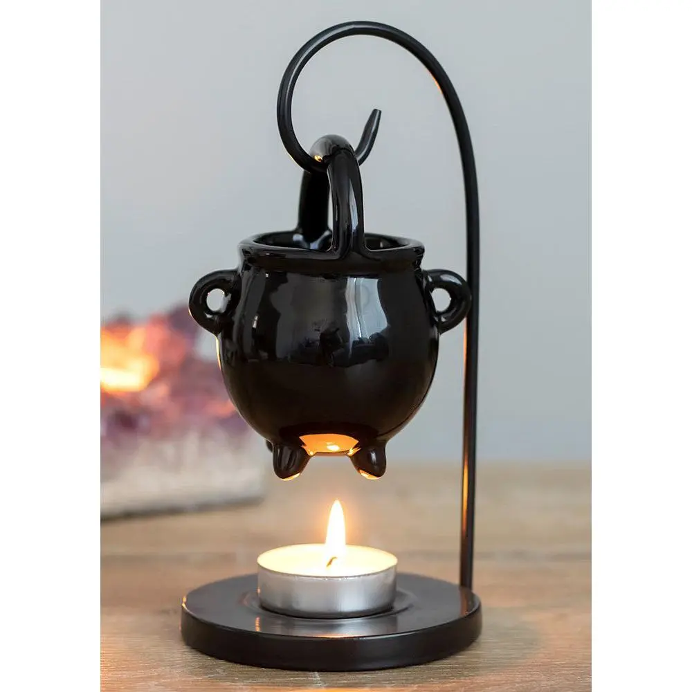 Black Ceramic Wicca Witchcraft Hanging Cauldron Essential Oil Burner Warmer, Fragrance & Aroma Diffuser with Shiny Light for Candle Compatibility