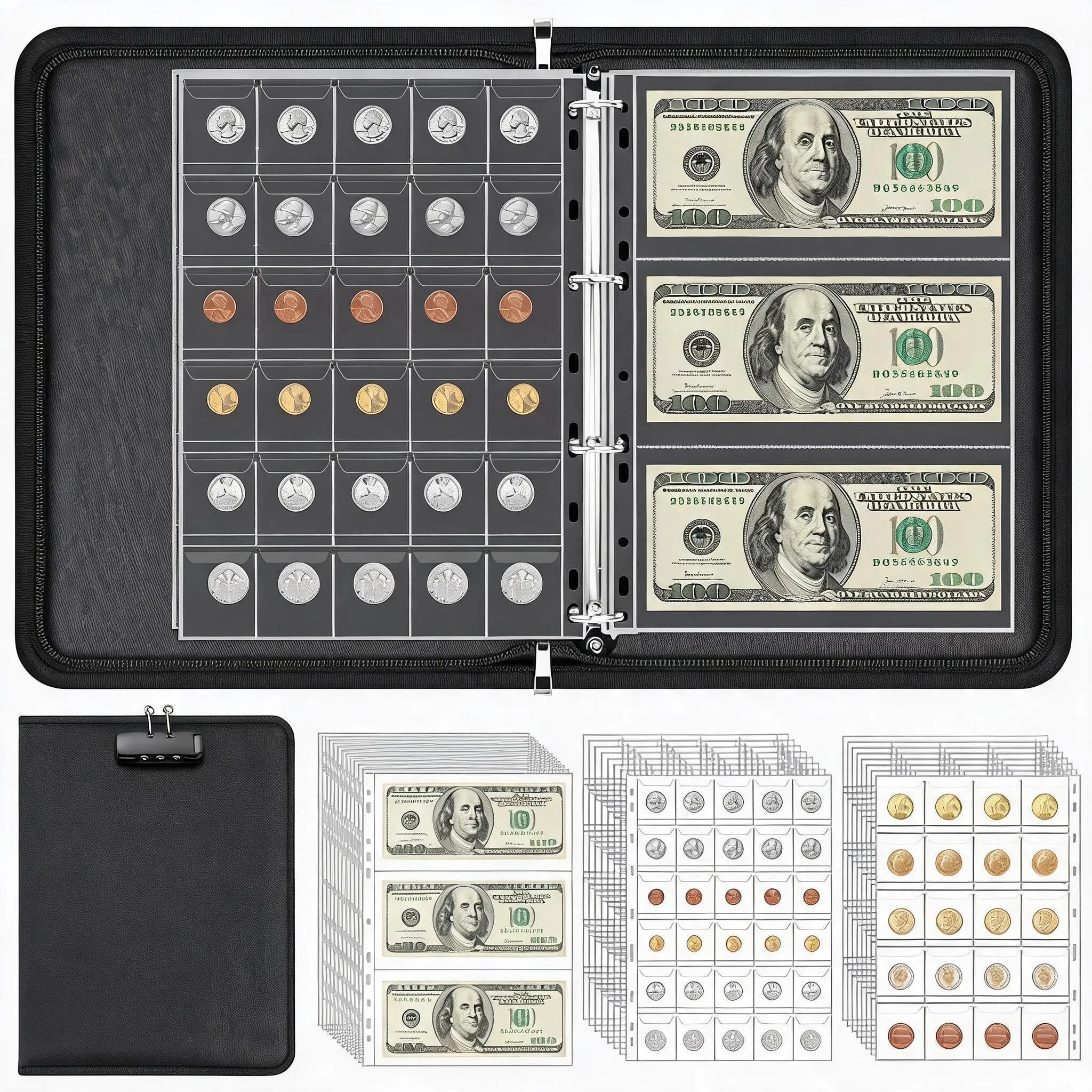 Fireproof Coin and Currency Collection Box Organizer, PU Leather Binder Holds 400 Tokens & 36 Banknotes, Secure Large Capacity Office, School, Collector Storage, with Lock
