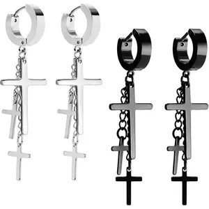 Cross Tassel Stainless Steel Urban Huggie Hinged Hoop Dangle Earrings