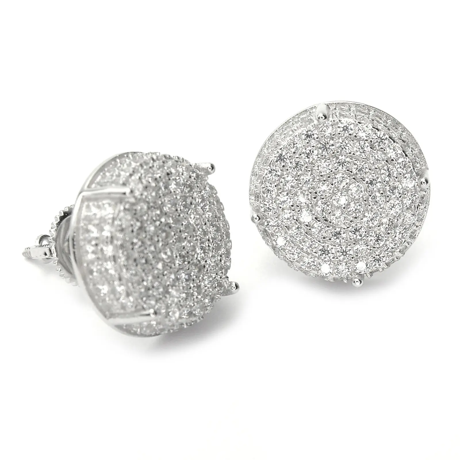 Men's Rhodium Plated Silver Tone Iced XL Round Stud Earrings Screw Back BE11403S