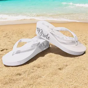 Bride Flip Flops in White & Silver with 2 Inch Wedge Heel for Destination Wedding Beach Sandals or Bridal Shower Gift