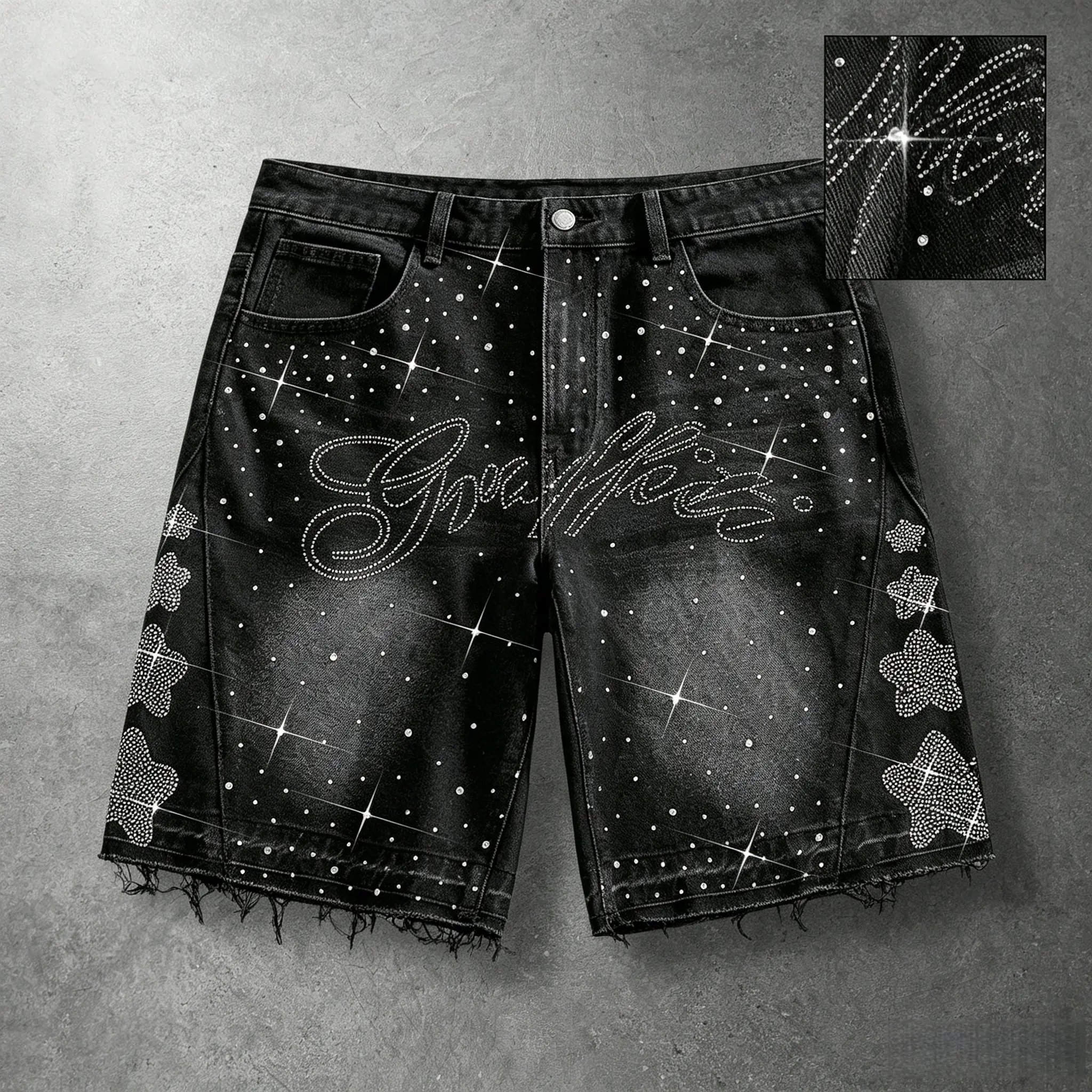 Men's High Cotton Denim Shorts, Stylish Menswear with Unique Rhinestone Design, Hip-Hop/Jorts Men's Shorts, Close Fit, High Cotton Denim Feels Soft All Day, Ideal for Casual Streetwear & Outdoor Activities