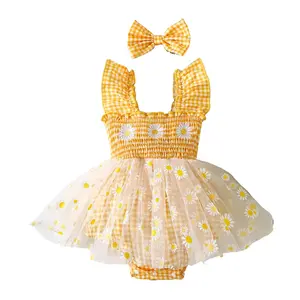 Baby Girl Daisy Tulle Tutu Romper Dress Infant Spring Summer Outfits Floral Embroidered Ruffle Bodysuit