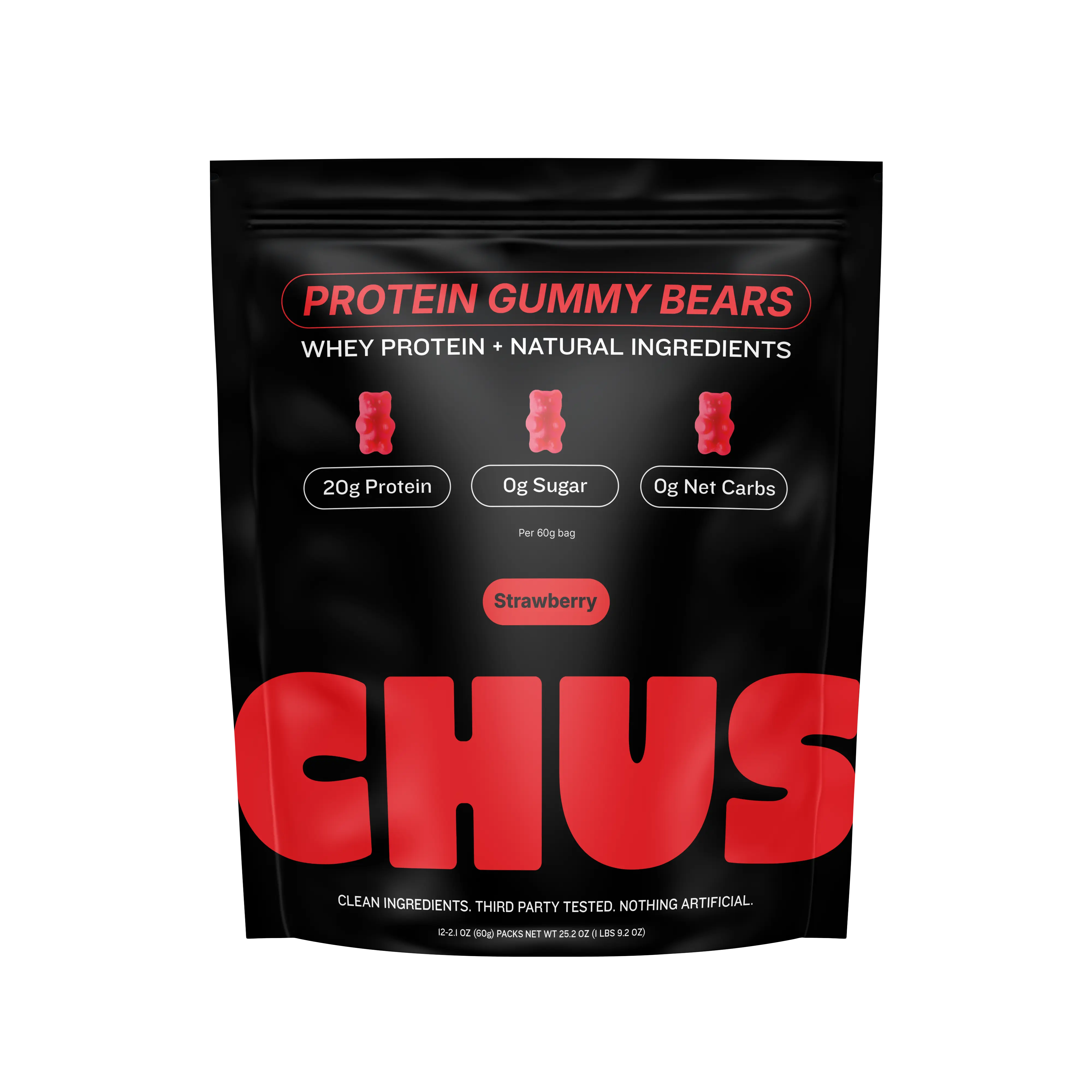 Chus Protein Gummy Bears | 20g of Whey Protein Isolate per Pack | 12-Pack Strawberry Flavor