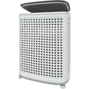 90L Laundry Basket with Wheels, Rolling Laundry Hamper with Lid and Handles, Plastic Rattan Clothes Storage Organizer, Dirty Clothes Basket for Laundry Room, Bedroom, Dormitory