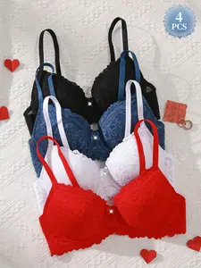4PCS Women's Lace Push-Up Bra , Underwire Supportive Anti-Sagging, Adjustable Straps, Elegant Lace Backless Design, Breathable Comfortable for Daily Wear