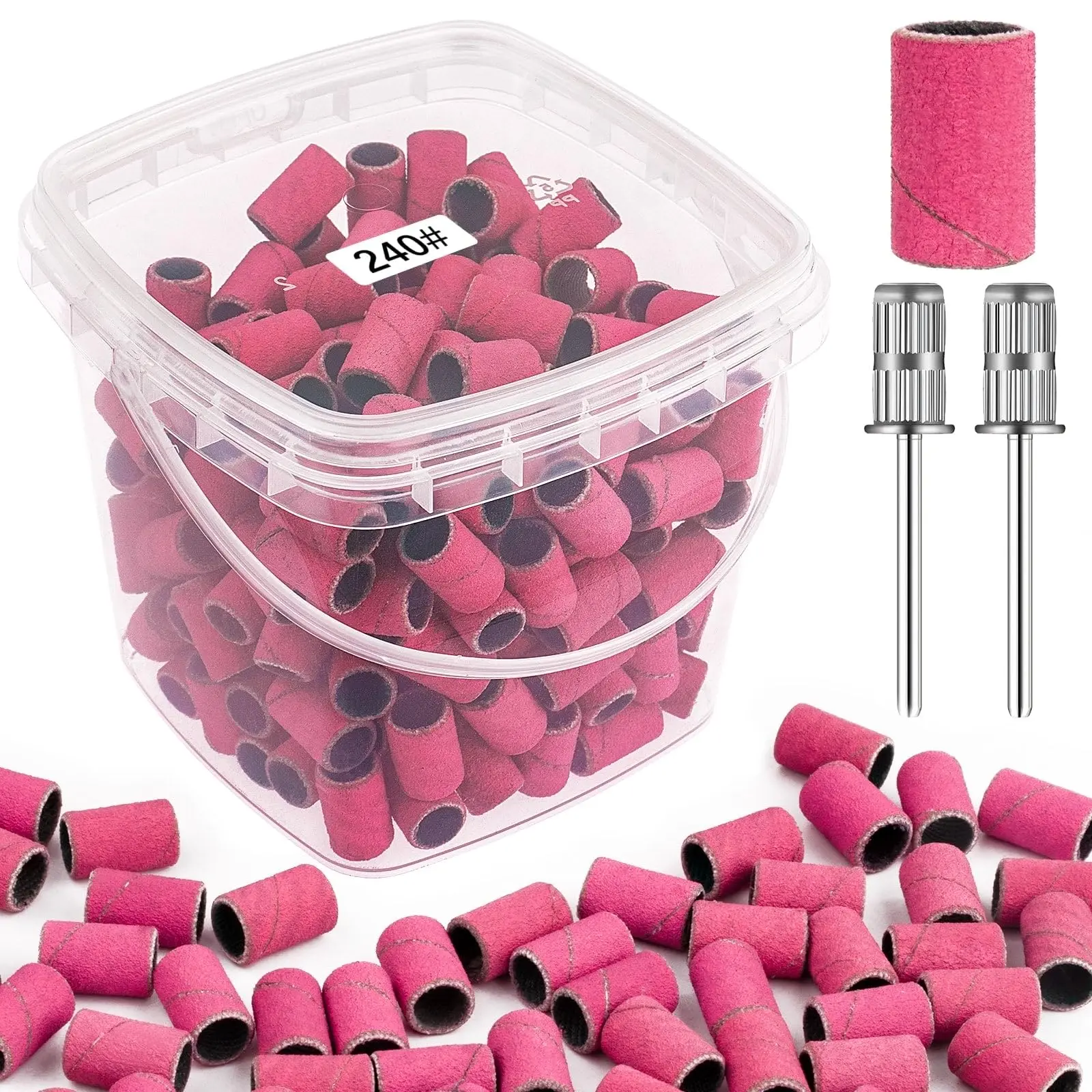 Sanding Bands for Nail Drill 240 Grit Extreme Fine Nail Sanding Bands 200Pcs Pink Professional Sanding Bands and 2Pcs Nail Drill Bits for Manicures and Pedicure