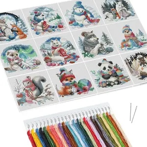 Animal Pattern DIY Cross Stitch Set, 12pcs/set DIY Cross Stitch Printed Canvas Cartoon Needlework Craft, DIY Cross Stitch Kit for Beginners