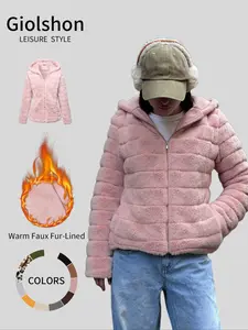 Women's Faux Fur Coat, Casual Hooded Winter Jacket with Pockets, Warm Polyester Outerwear for Fall & Winter Seasons