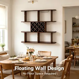 47" Large Wall Mounted Wine Rack - Rustic 3-Tier Wooden Storage Shelf with Glass Holder & 9-Bottle Grid - Floating Bar Organizer for Home Bar, Dining Room & Kitchen Decor