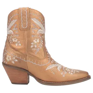 Dingo Womens Primrose Floral Embroidered Metallic Pull On Snip Toe  Casual Boots Ankle Mid Heel 2-3" - Brown