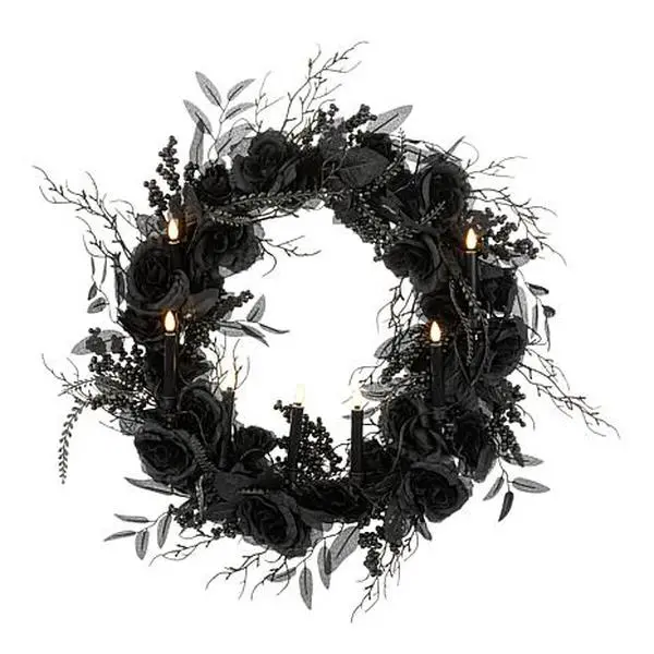 Mr. Halloween Spooky Lane Black Rose Wreath with Candles Mr. Halloween Spooky Lane Black Rose Wreath with Candles