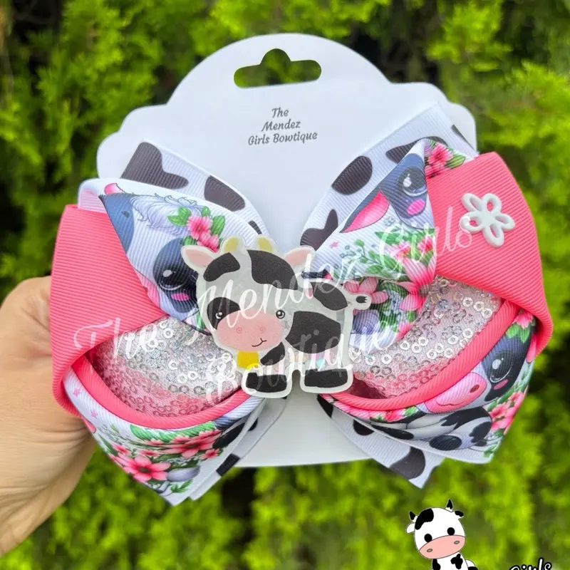 Pink Cow Glitter Boutique Bow | Handmade Hair Bow for Girls