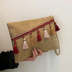 Boho Style Jute Handbag with Multicolor Fringe Decor, Natural Texture Commuter Bag, Casual Fashion Accessory, Perfect for Phone, Lipstick, Coins