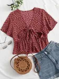 Women's Ditsy Floral Print Tie-Front Blouse, Shirts, Elegant Style Short Butterfly Sleeve V-Neck Top for Summer, Ladies Casual Top for Daily Wear