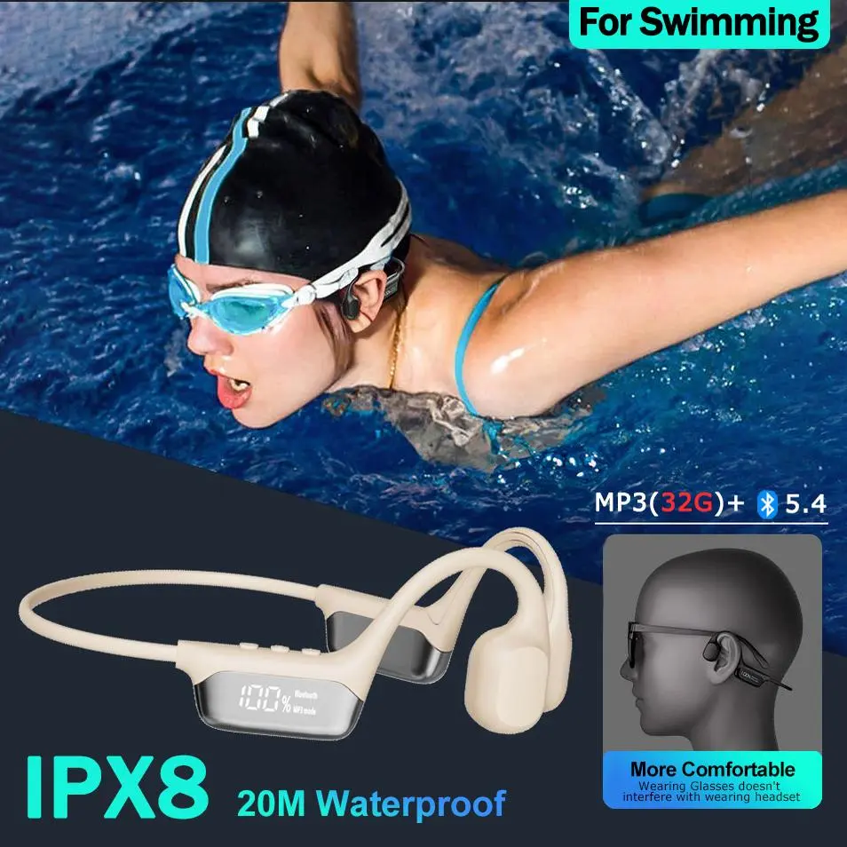 Unisex Bone Conduction Headset - Bluetooth 5.4 Cordless, IPX8 Rated, 32G Built-in MP3 Player, Chargeable Fast Charging (5V 1A), Smart Wearable Audio Device for Running, Aquatic Sports