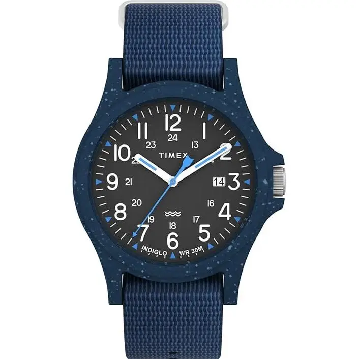 Timex Reclaim Ocean Recycled Fabric Mens Watch TW2V81800, 30M - 50M, 40Mm, Arabic Numerals, Round Face, Date, Classic, Indiglo Nightlight, Recycled Plastic, Ocean Material, Everyday Use, Male Wear